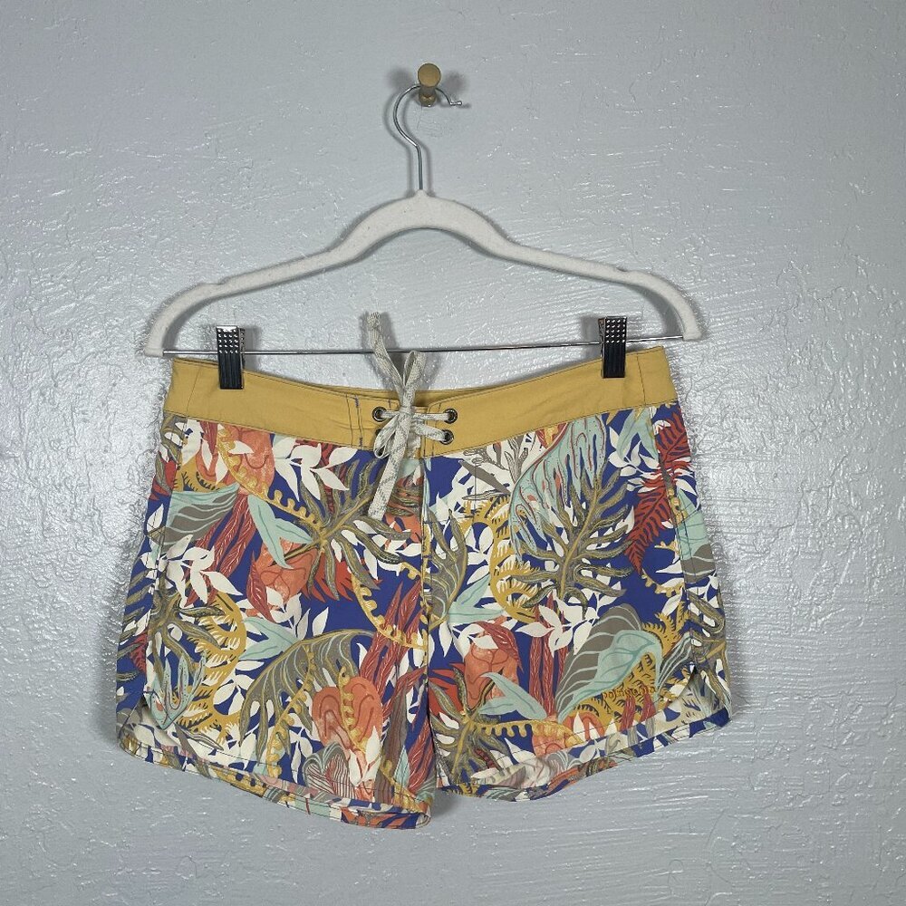 Patagonia Women 2 Yellow Blue Jurassic Fern Wavefarer Boardshorts 5" Zip Pocket